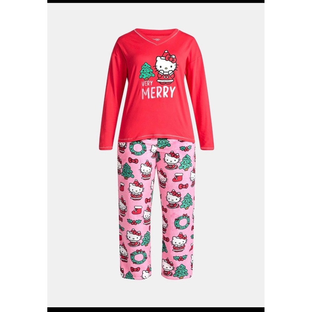 Hello Kitty 3-Piece Christmas Pajama Set W/Sock Women 3X 22-24W Red Pink Holida